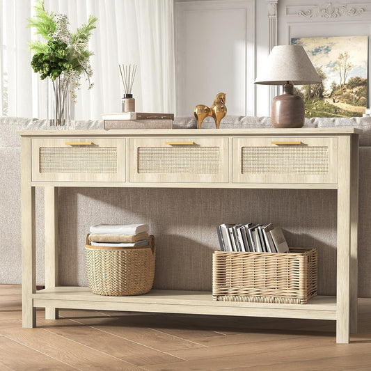 51.2" Rattan Console Tables with 3 Drawers & Shelf, Entryway Table with Storage, Hallway Table for Entry Way, Narrow Long Boho Sofa Table Behind Couch, Entrance Entry Living Room, Natural Wood