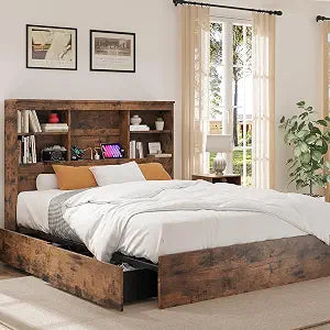 King Size Bed Frame with High Storage Bookcase Headboard,Brown, view 2