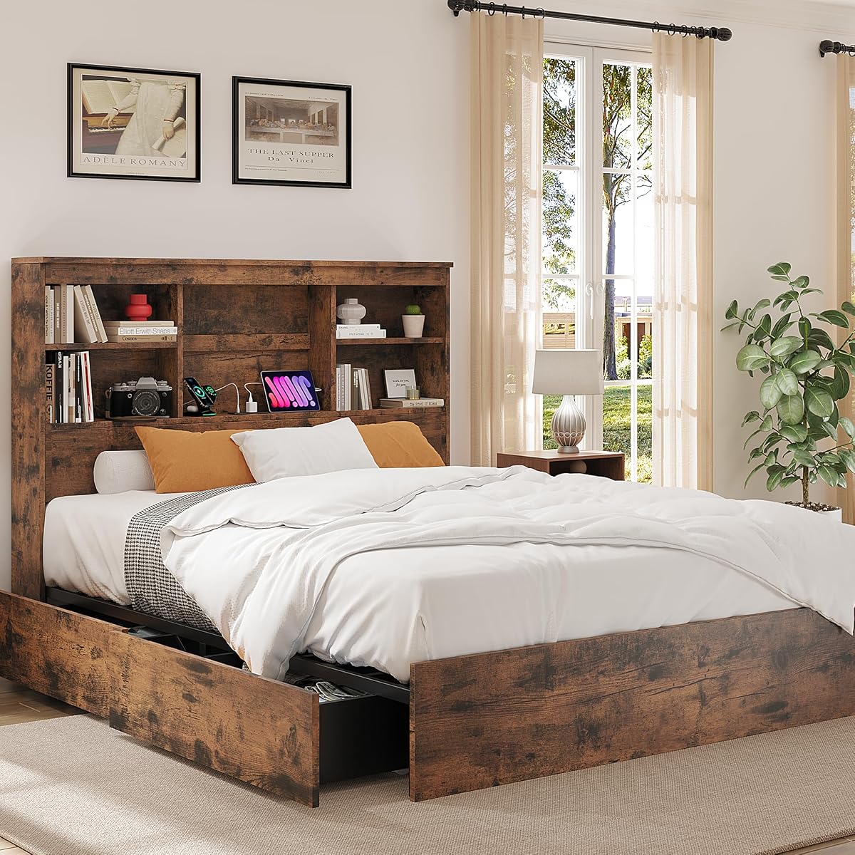 King Size Bed Frame with High Storage Bookcase Headboard,Brown