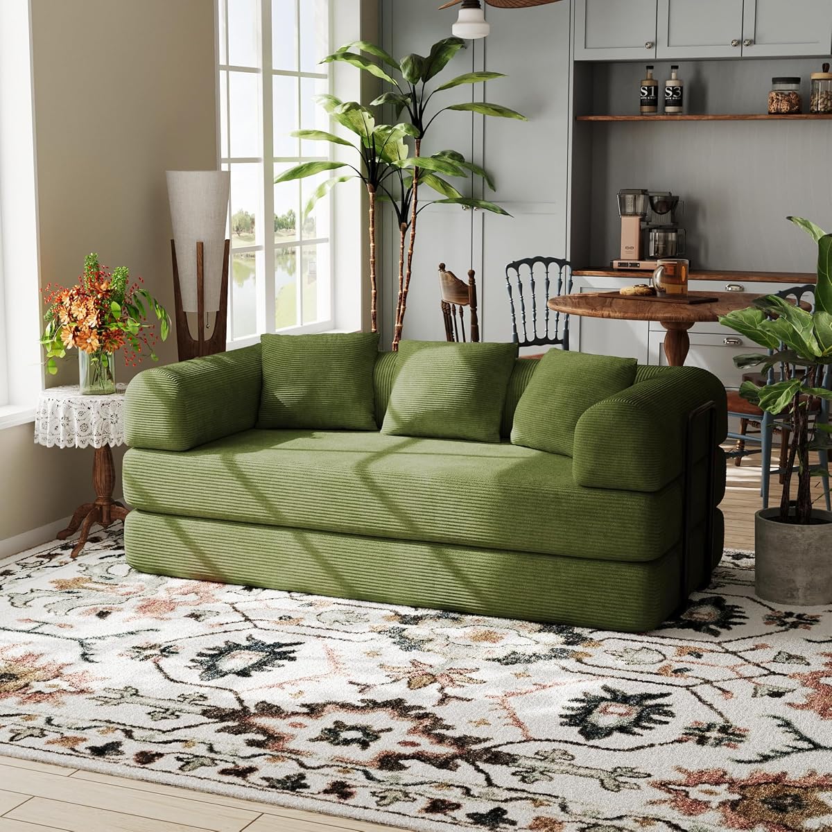 Convertible Sofa Bed, Corduroy Memory Foam Compression Sofa, Modular Floor Sofa with Pull-Out Bed, Compressed Couch Folding Sleeper Couches Bed for Living Room Bedroom Lounge, Olive Green