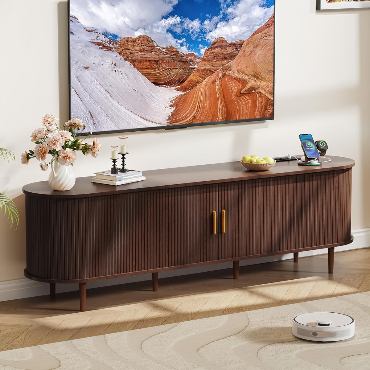 70.8 Inch Mid Century Modern TV Stand with Power Outlet for TVs up to 80 Inch