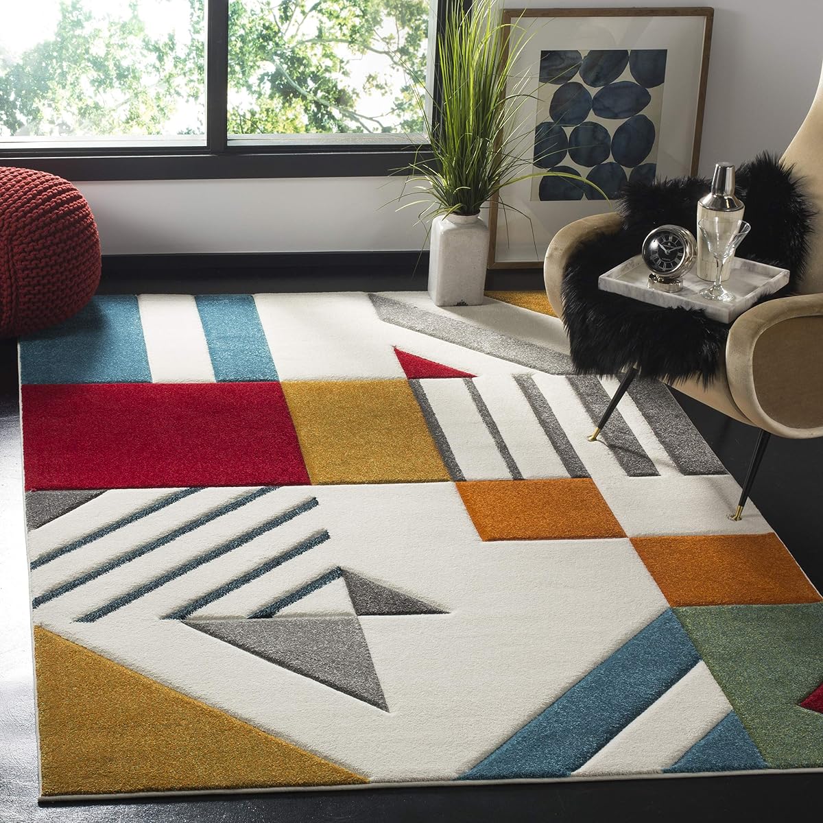 SAFAVIEH Hollywood Collection Accent Rug - 4' x 6', Ivory & Peacock Blue, Mid-Century Modern Design, Non-Shedding & Easy Care, Ideal for High Traffic Areas in Entryway, Living Room, Bedroom (HLW709B)