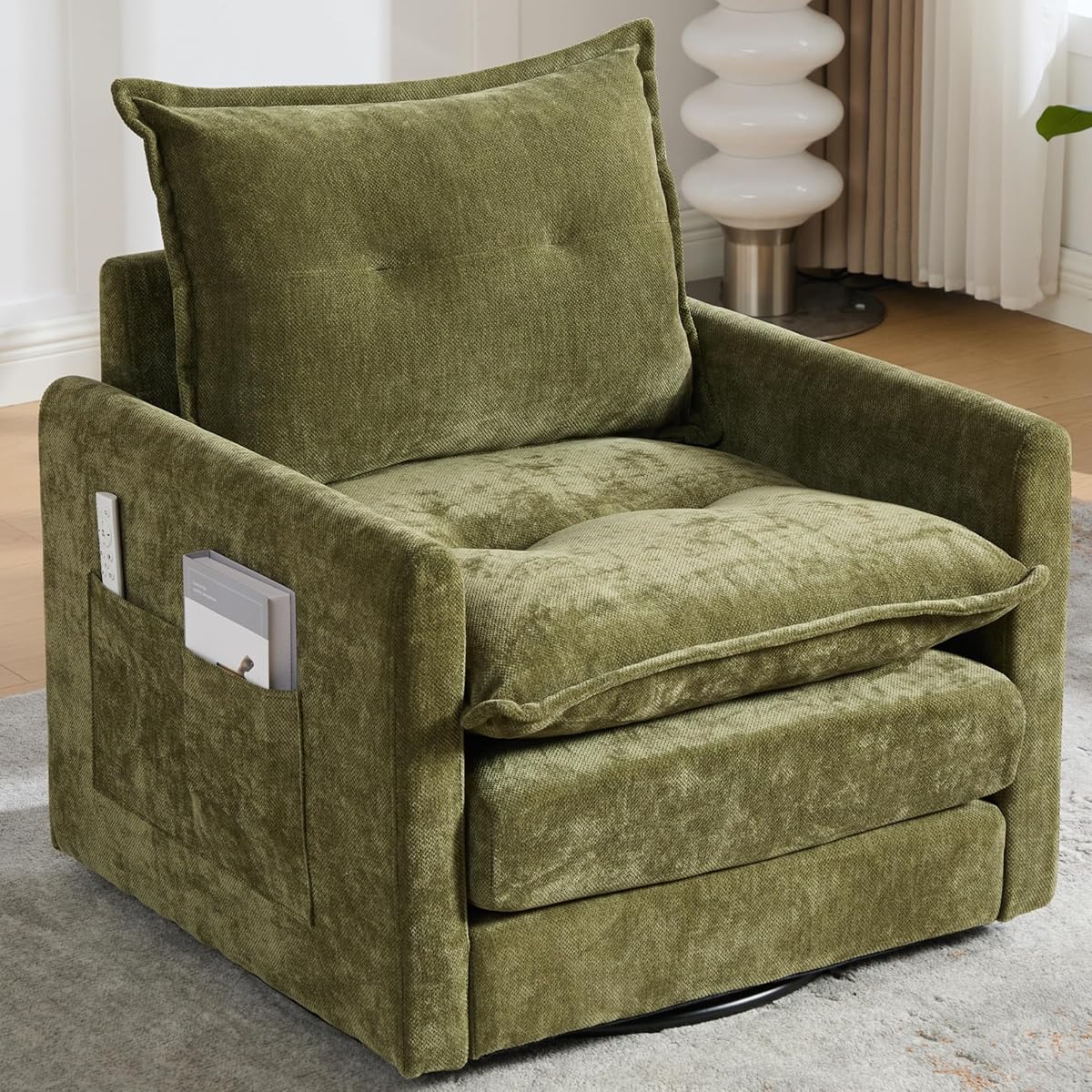360° Swivel Accent Chair, Chenille Swivel Armchair for Living Room, Mid Century Modern Comfy Thick Padded Arm Chairs, Green