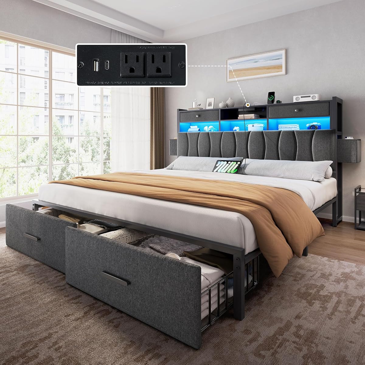 King Size Bed Frame with 2 Storage Drawers and Charging Station