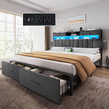 King Size Bed Frame with 2 Storage Drawers and Charging Station