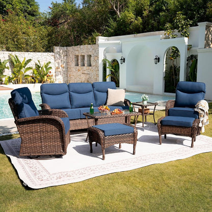 Upgraded 6“ Cushion Luxury Patio Furniture Set - 7 Piece Wicker Furniture Set, Comfort Outdoor Couch and High Back Swivel Rocker Patio Chairs, Conversation Set for Deck Porch - Brown/Blue