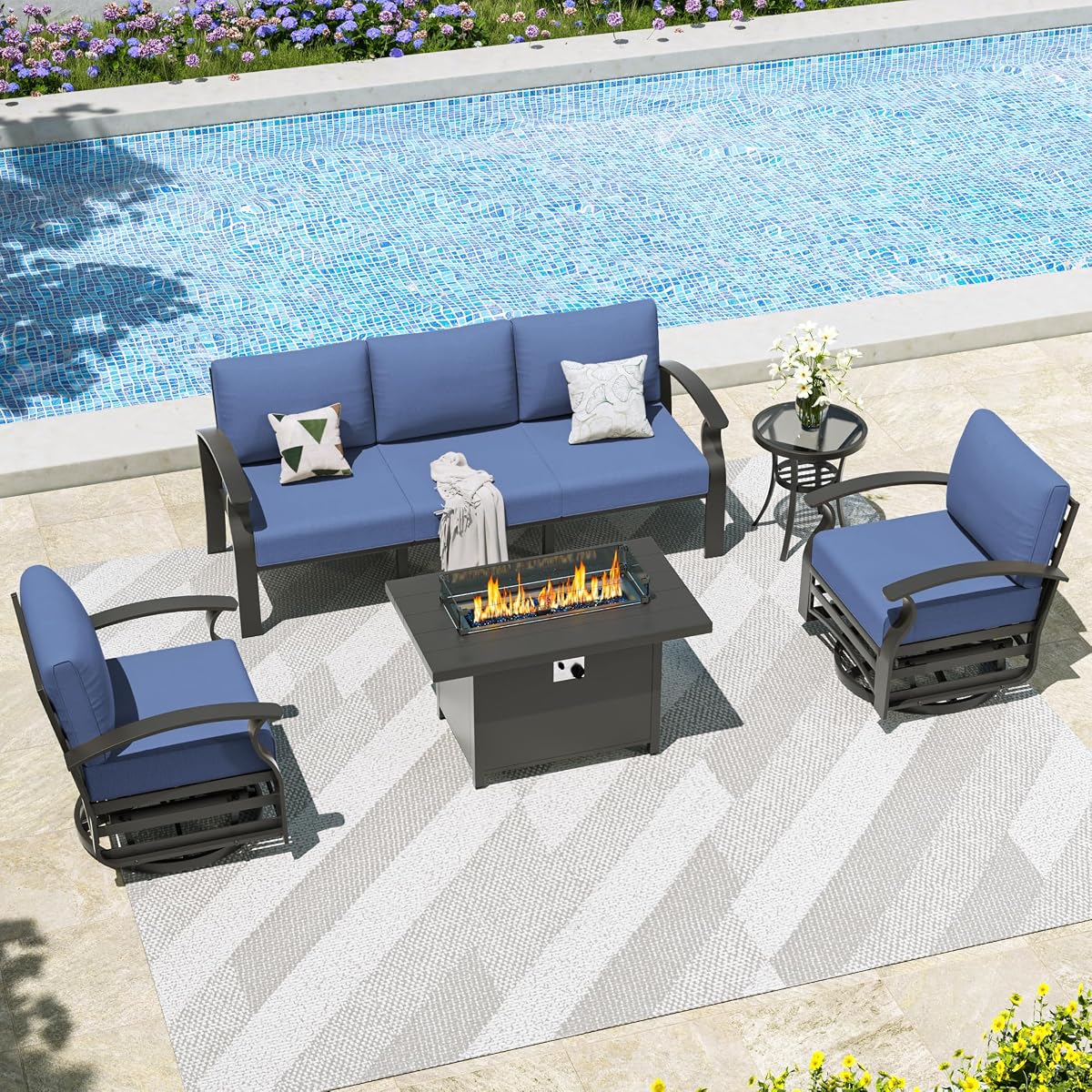 Aluminum Patio Furniture Set,5 Piece Modern Metal Outdoor Patio Furniture w/5.1'' Thick Cushion,Swivel Chairs and 45" Propane Fire Pit Table,Patio Conversation Sets for Porch,Deck,NavyBlue