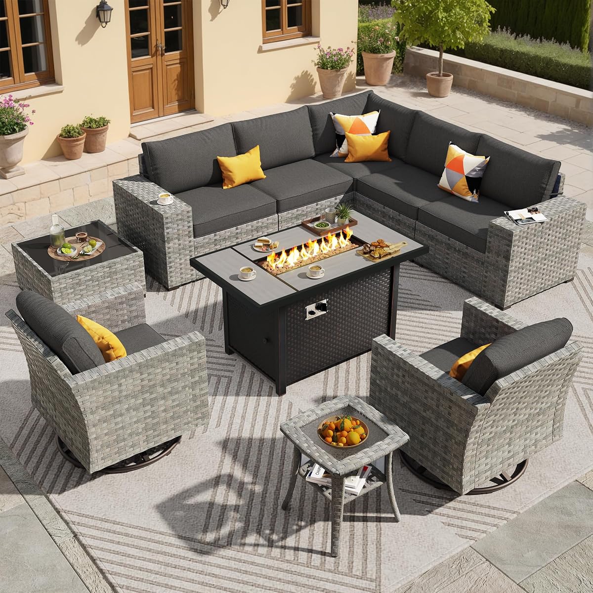 10 Pieces Patio Furniture Set, Outdoor Wicker Sectional Sofa with 42" Fire Pit Table Swivel Chairs, Modern Modular Deep Seat Rattan Couch Conversation Sets, Black