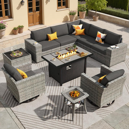10 Pieces Patio Furniture Set, Outdoor Wicker Sectional Sofa with 42" Fire Pit Table Swivel Chairs, Modern Modular Deep Seat Rattan Couch Conversation Sets, Black