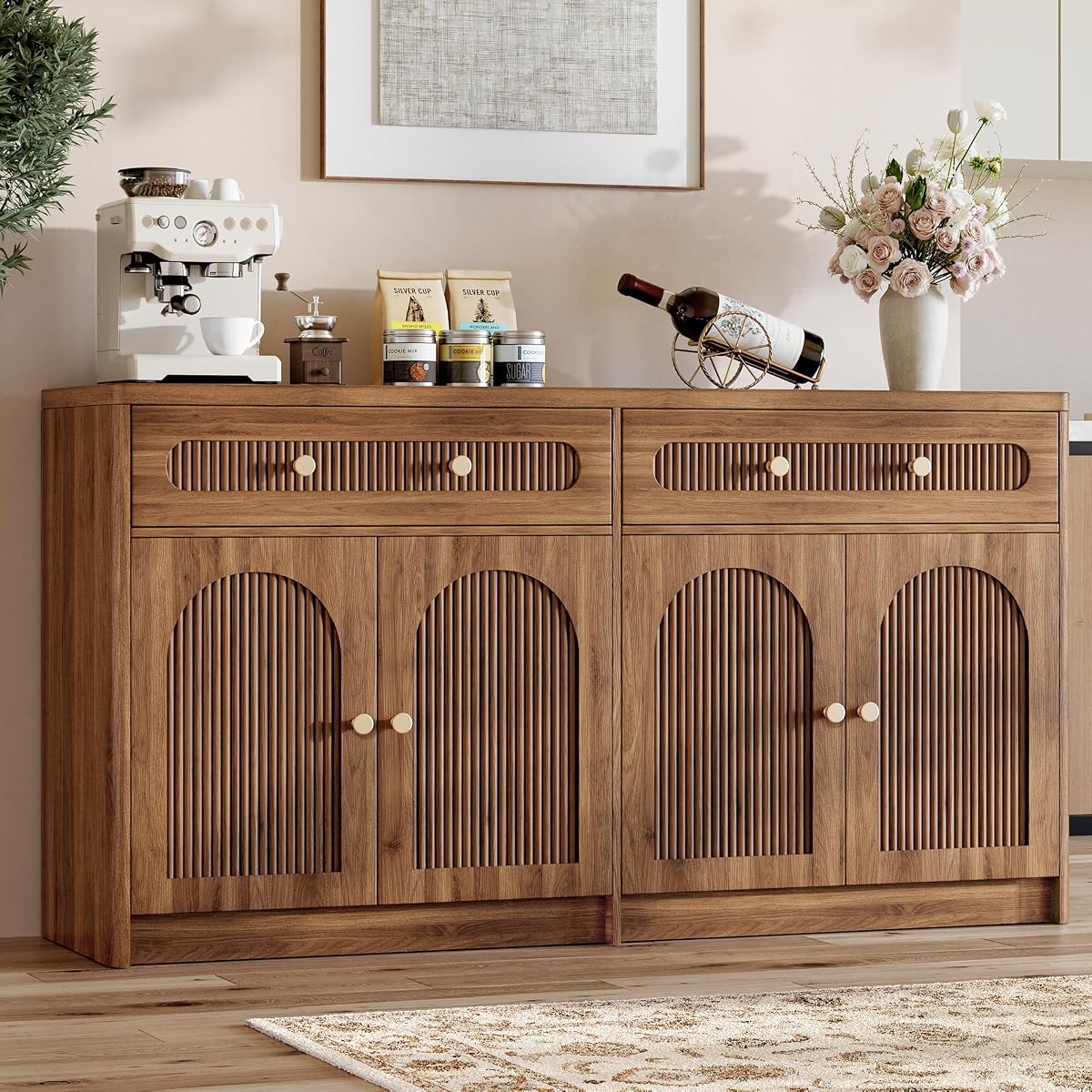 59"W Arched and Fluted Sideboard Buffet Cabinet with Storage, Walnut