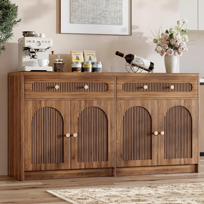 59"W Arched and Fluted Sideboard Buffet Cabinet with Storage, Walnut