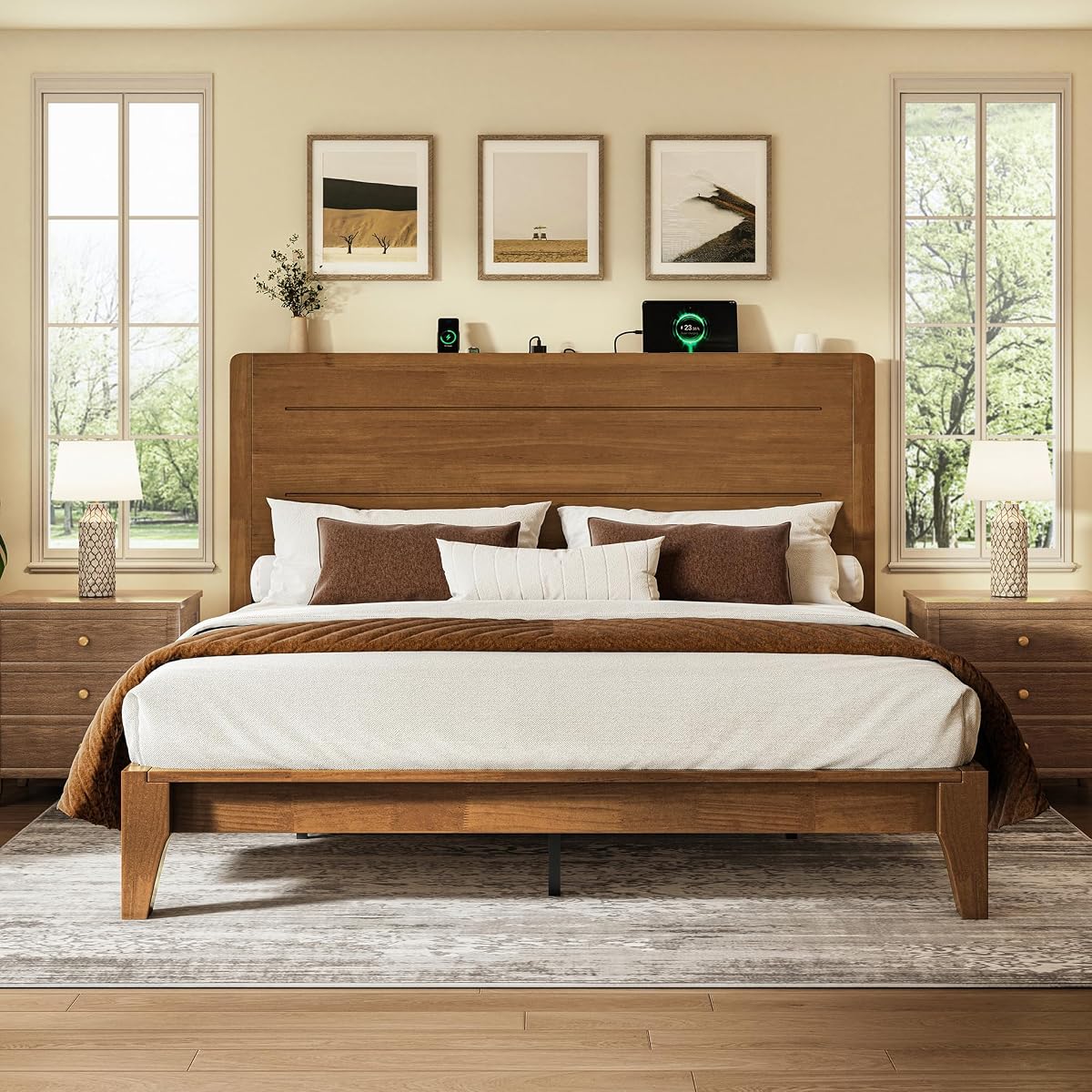 Queen Size Wood Platform Bed Frame with Mid-Century Modern Tall Headboard