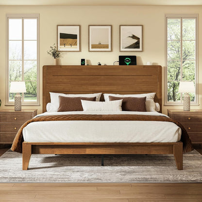 Queen Size Wood Platform Bed Frame with Mid-Century Modern Tall Headboard