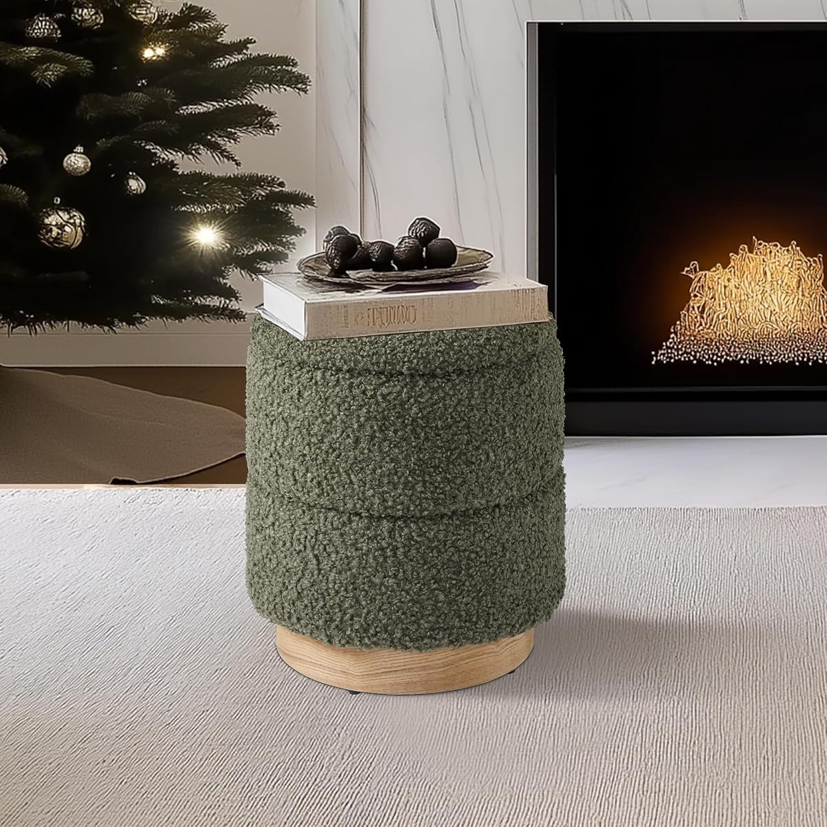 Round Ottoman with Storage, Modern Boucle Ottoman Upholstered Foot Stool with Wood Base, Vanity Stool Chair, Footrest Extra Seat for Living Room Bedroom Entryway (Olive Green)