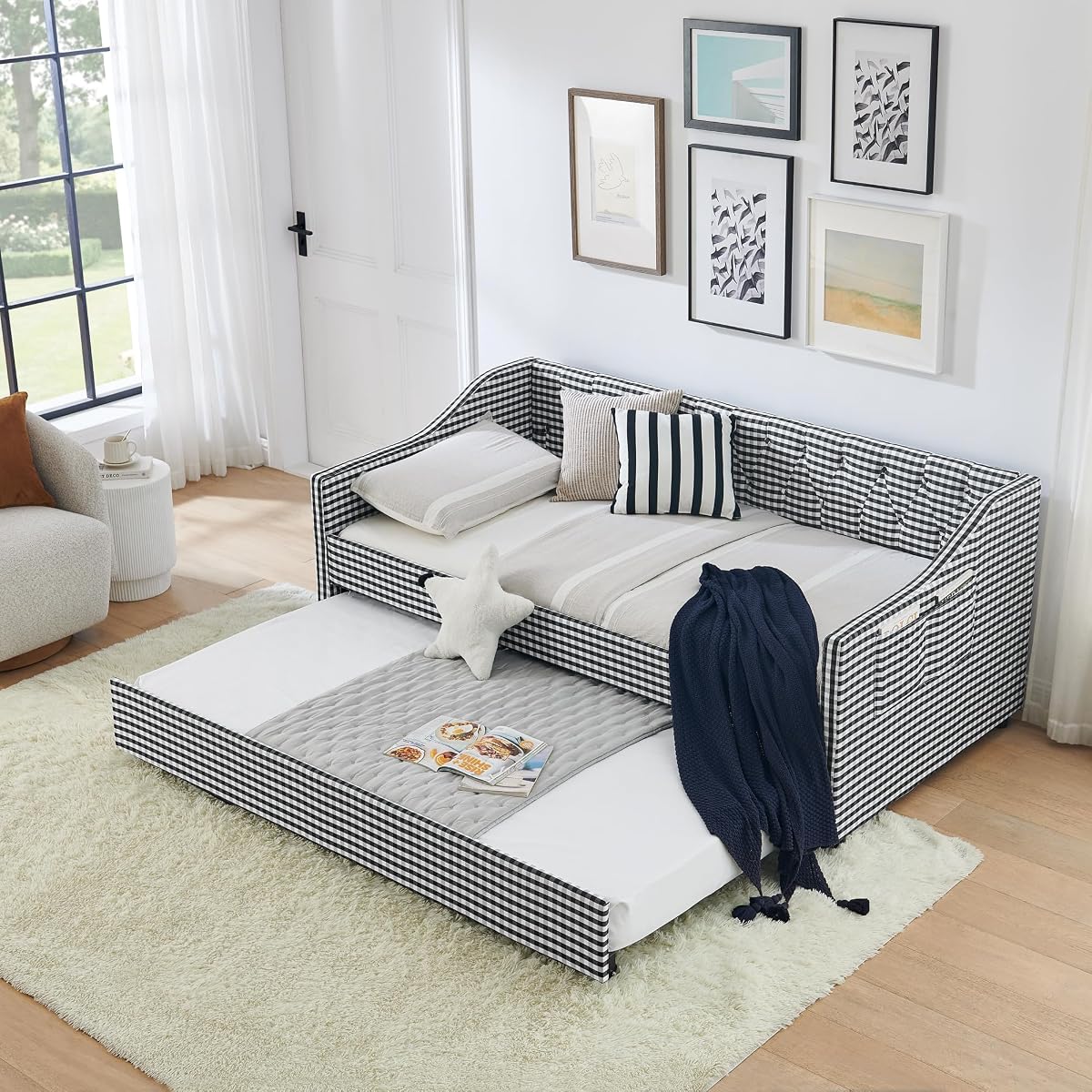 JIVOIT Twin‑Size Upholstered Daybed with Pull‑Out Trundle, Upholstered Convertible Daybed with Side Storage, Tufted Button Backrest & Padded Armrests, Perfect for Compact Living (Black-Twin,32)