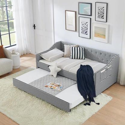 JIVOIT Twin‑Size Upholstered Daybed with Pull‑Out Trundle, Upholstered Convertible Daybed with Side Storage, Tufted Button Backrest & Padded Armrests, Perfect for Compact Living (Black-Twin,32)