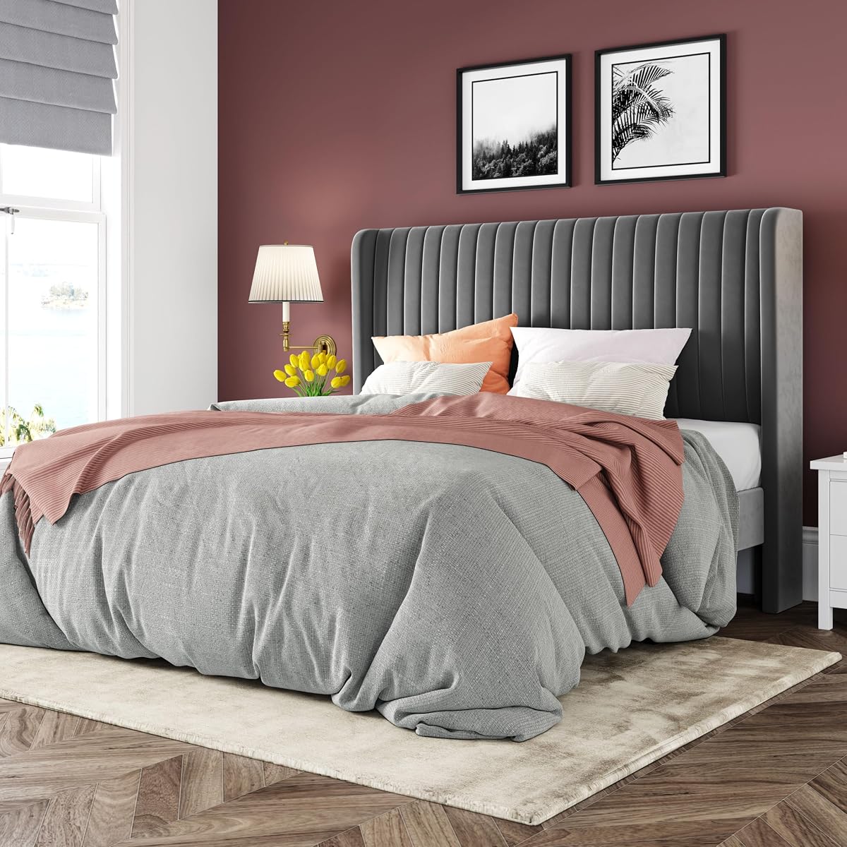 Queen Size Velvet Bed Frame/Vertical Channel Tufted Wingback