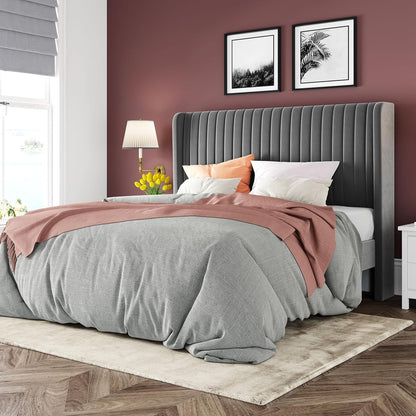 Queen Size Velvet Bed Frame/Vertical Channel Tufted Wingback