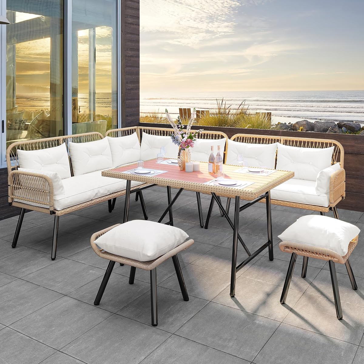 Patio Wicker L-Shaped Furniture Set, All-Weather Rattan Outdoor Conversation Sofa Set for Backyard Deck with Soft Cushions,Ottomans and Plastic Wood Dining Table (Light Brown+Beige)