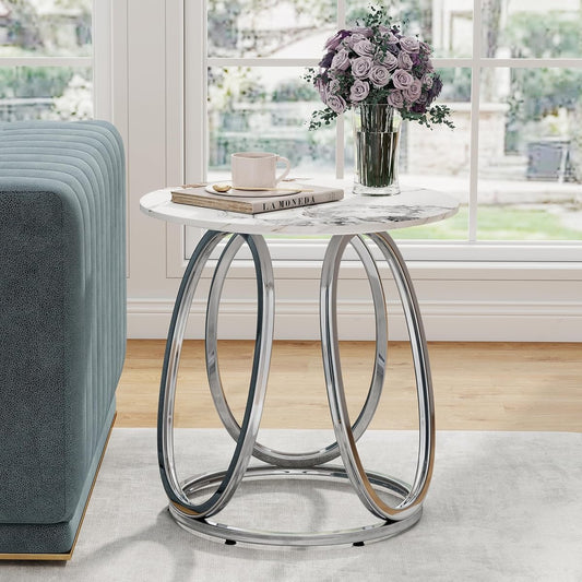 Silver Side Table Living Room, Round End Table with Metal Frame, Modern Nightstand for Small Spaces, Bedroom, Home Office, 1PC