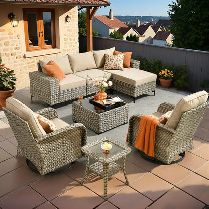 Outdoor Sectional Furniture Set,8 Pieces Wicker Patio Conversation Sets,L Shape All Weather Outside Couch Sofa Set with Swivel Chairs Ottoman,Beige