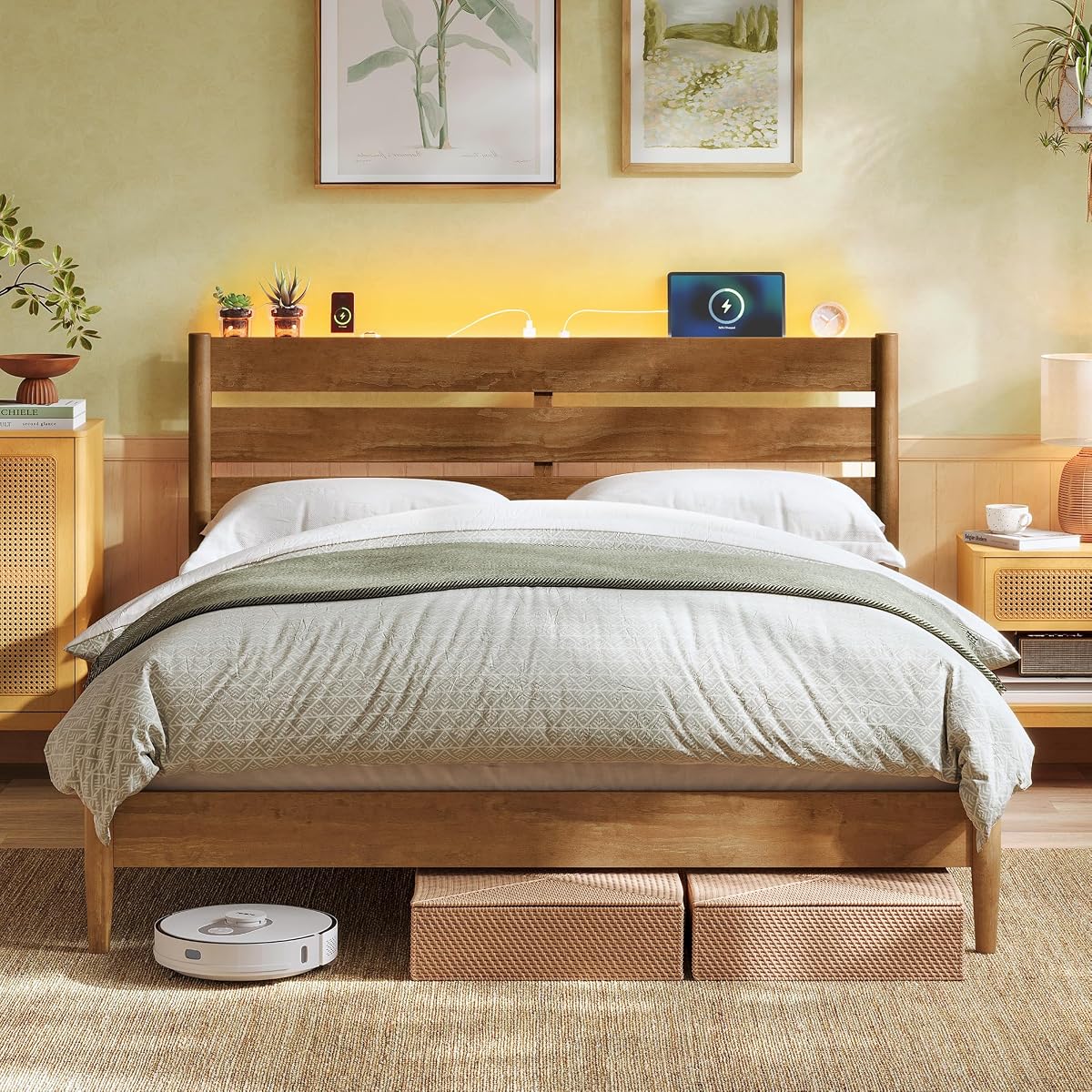 Queen Bed Frame, Wood Platform Bed with Headboard Storage Shelf