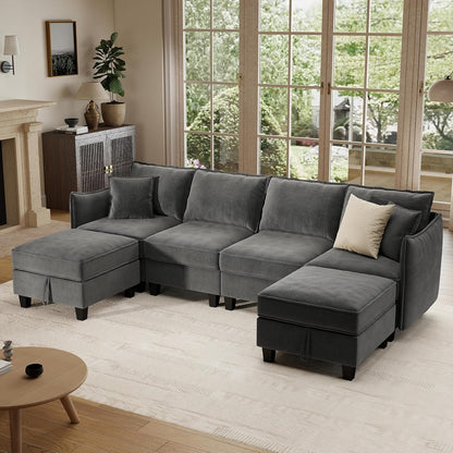 112" Modular U-Shaped Sectional Sofa, Modern 6-Seat Cloud Couch with 2 Storage Ottomans, Comfy Chenille Convertible Furniture Set for Living Room, Apartment, Easy Assembly, Dark Grey