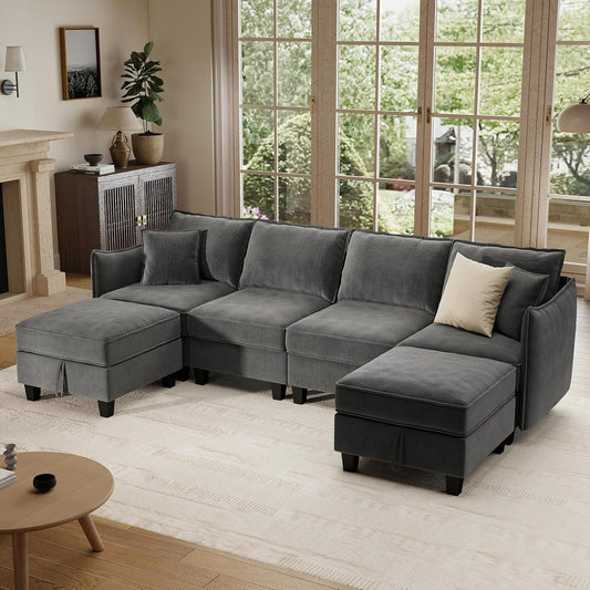 112" Modular U-Shaped Sectional Sofa, Modern 6-Seat Cloud Couch with 2 Storage Ottomans, Comfy Chenille Convertible Furniture Set for Living Room, Apartment, Easy Assembly, Dark Grey