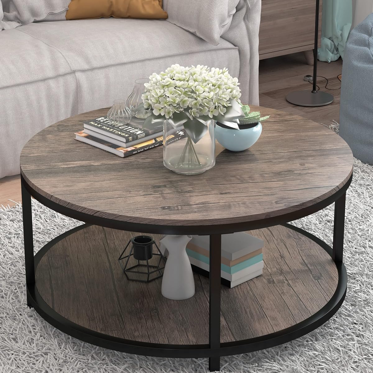 Round Coffee Table, 36” Coffee Table for Living Room, 2-Tier Wood Desktop & Sturdy Metal Legs Table Home Furniture with Storage Shelf (Walnut)