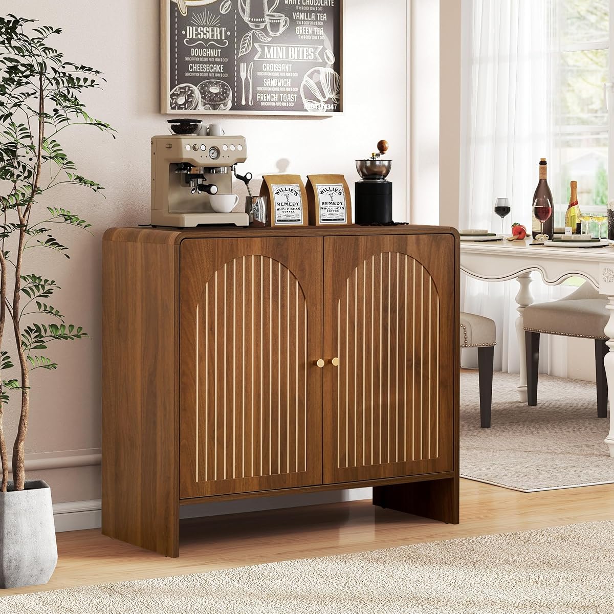 Sideboard Buffet Cabinet with Storage, Wood Arched Storage Cabinet with 2 Doors and Adjustable Shelf, Small Curved Entryway Accent Cabinet for Living Room Hallway Kitchen Dining Room, Walnut