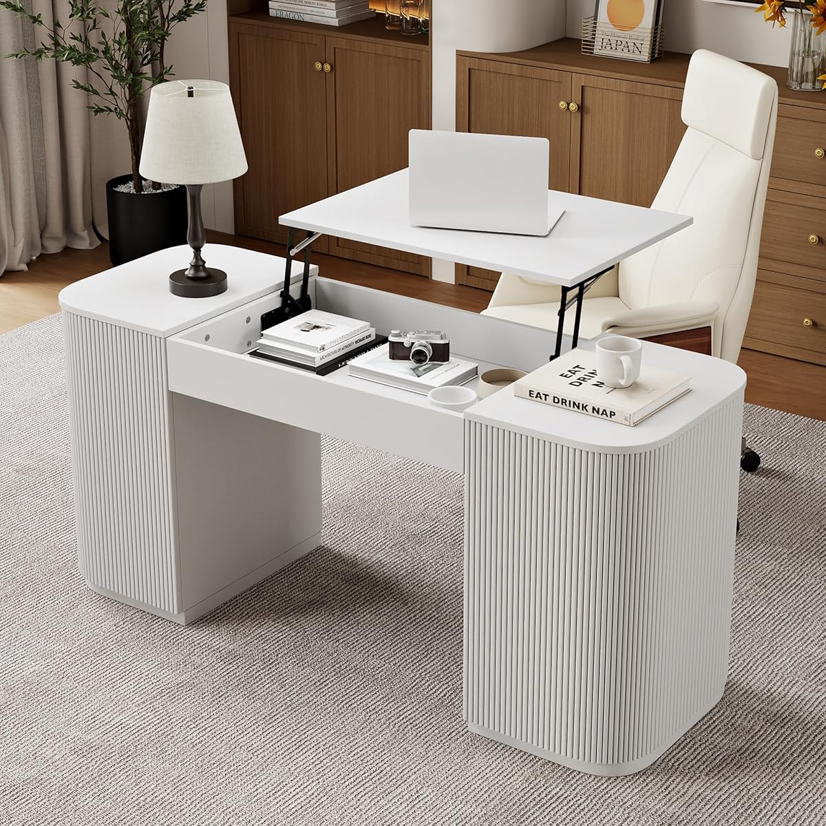 Modern 59.8" Lift-Top Home Office Desk, Engineered Wood Fluted Desk with 2 Doors Ample Storage for Working, Study, Reading Room, White