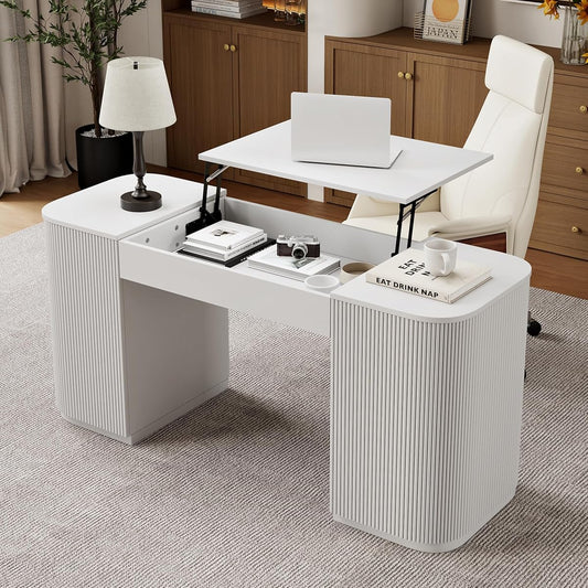 Modern 59.8" Lift-Top Home Office Desk, Engineered Wood Fluted Desk with 2 Doors Ample Storage for Working, Study, Reading Room, White