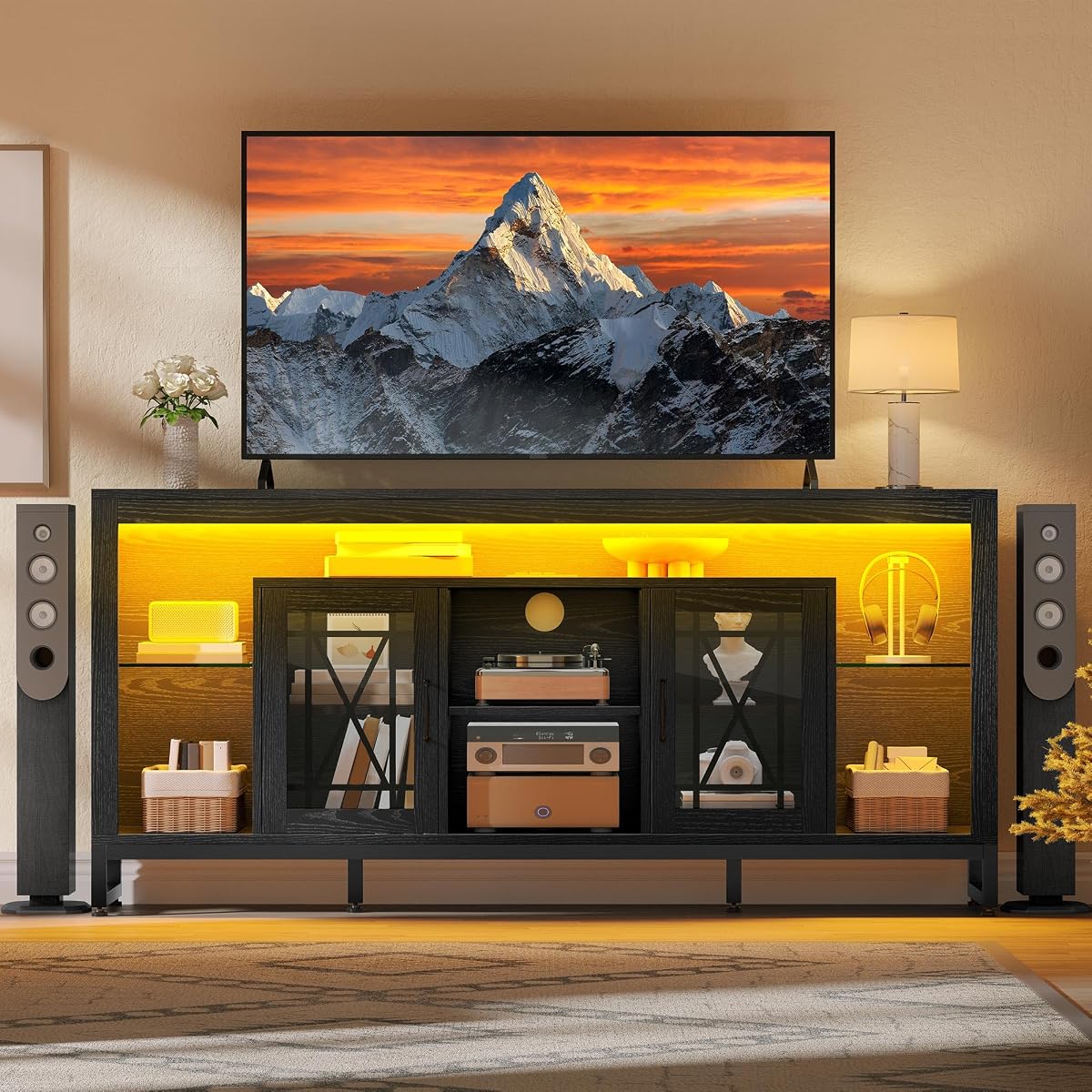 TV Stand for 75 inch TV, Entertainment Center with Storage, Black