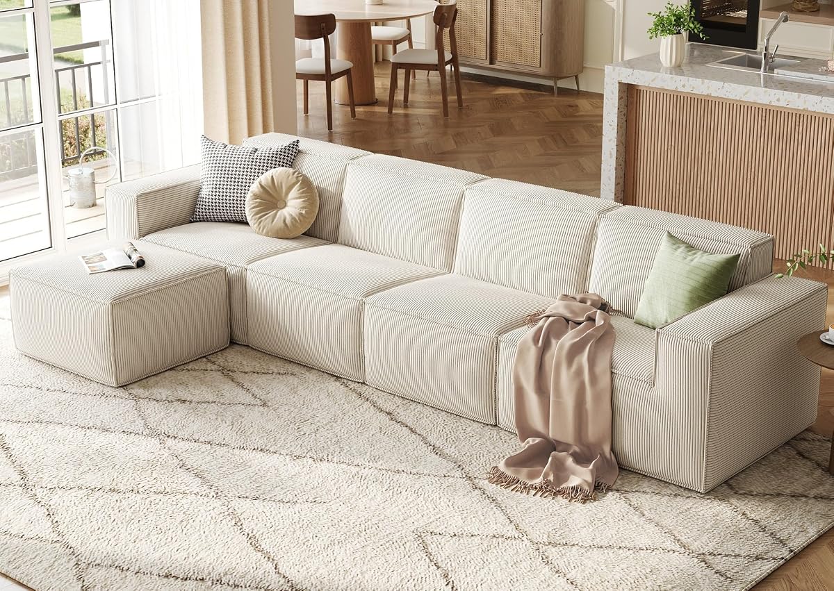 Modular Sectional Sofa, 134" Boneless Couch L Shaped 4-Seat Sofa with Movable Ottoman, Corduroy Sectional Cloud Couches for Living Room, No Assembly Required, Beige