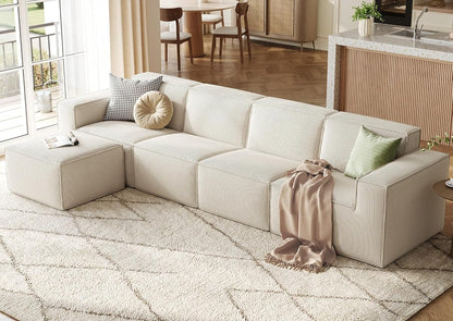 Modular Sectional Sofa, 134" Boneless Couch L Shaped 4-Seat Sofa with Movable Ottoman, Corduroy Sectional Cloud Couches for Living Room, No Assembly Required, Beige