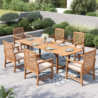 7pc Outdoor Dining Set, Expandable Wood Table w/Umbrella Hole | Acacia wood teak patio furniture set for 6. Perfect for patio, deck, porch, backyard. Chairs with cushions.