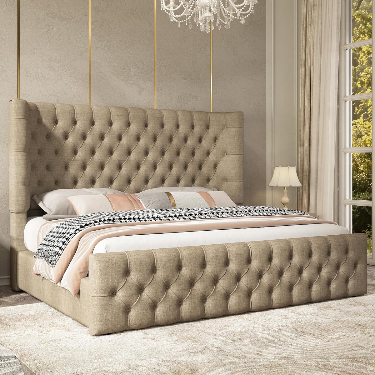 Queen Bed Frame Upholstered Wingback Headboard & Footboard,Khaki