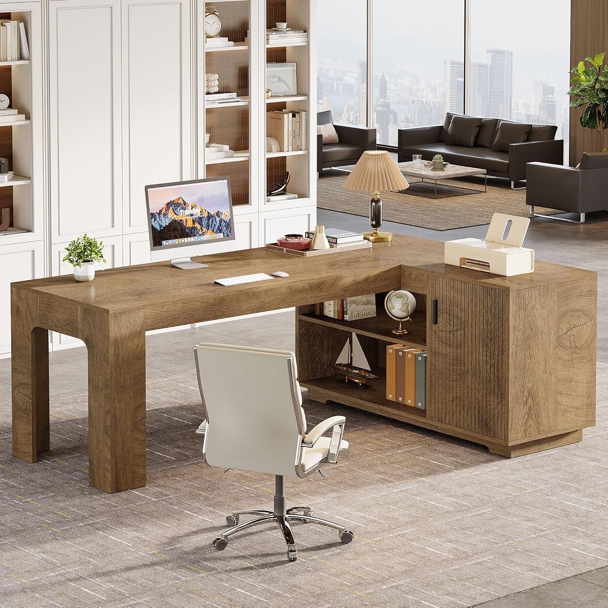 L-Shaped Desk with Storage Cabinet