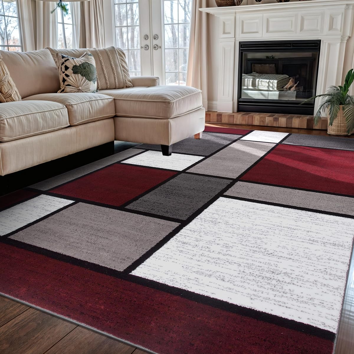 Modern Geometric Boxes Red Area Rug, Non-Shedding Carpet for Living Room, Bedroom, or Dining Room, 5'3" x 7'3"