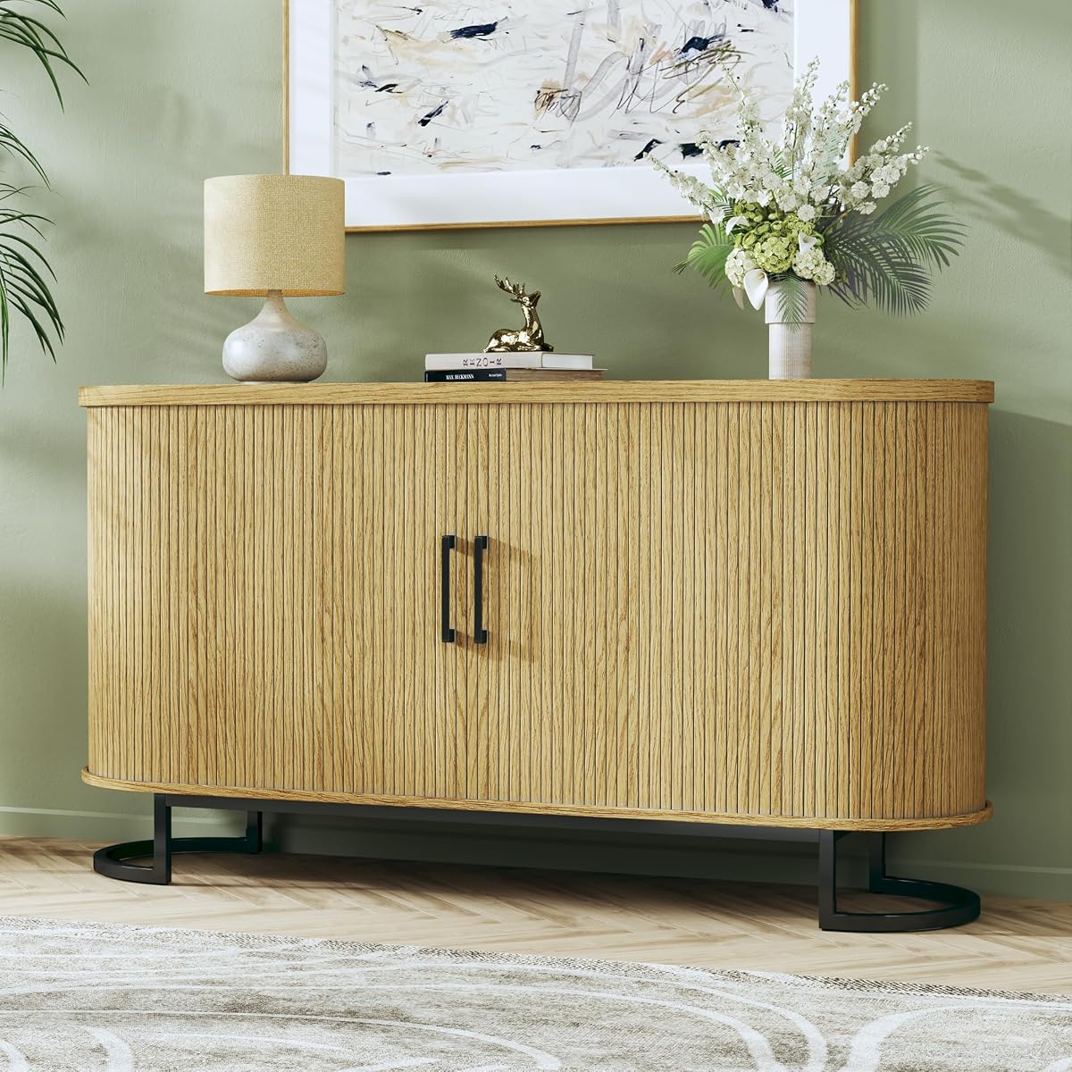 54.3" Buffet Cabinet with Storage, Fluted Sideboard with Tambour Doors, Modern Kitchen Storage Cabinet with Adjustable Shelves for Living Room, Entryway, Oak