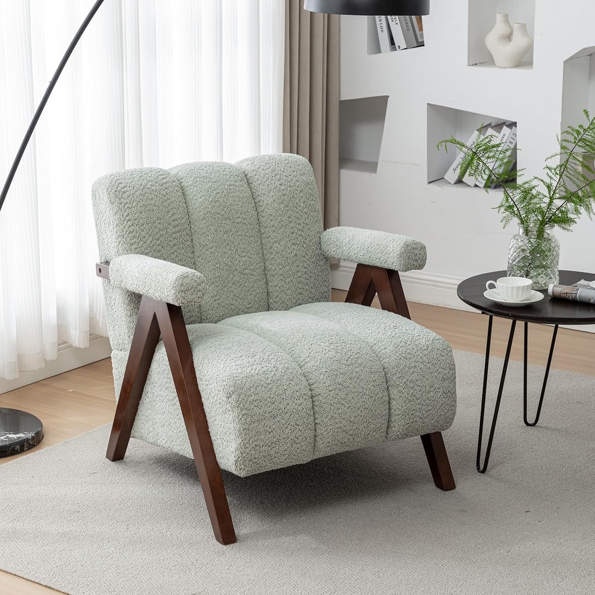 Mid Century Modern Accent Chair with Solid Wood Frame, Boucle Upholstered Living Room Chairs with Thick Cushion, Comfy Tufted Arm Chair for Bedroom, Sage