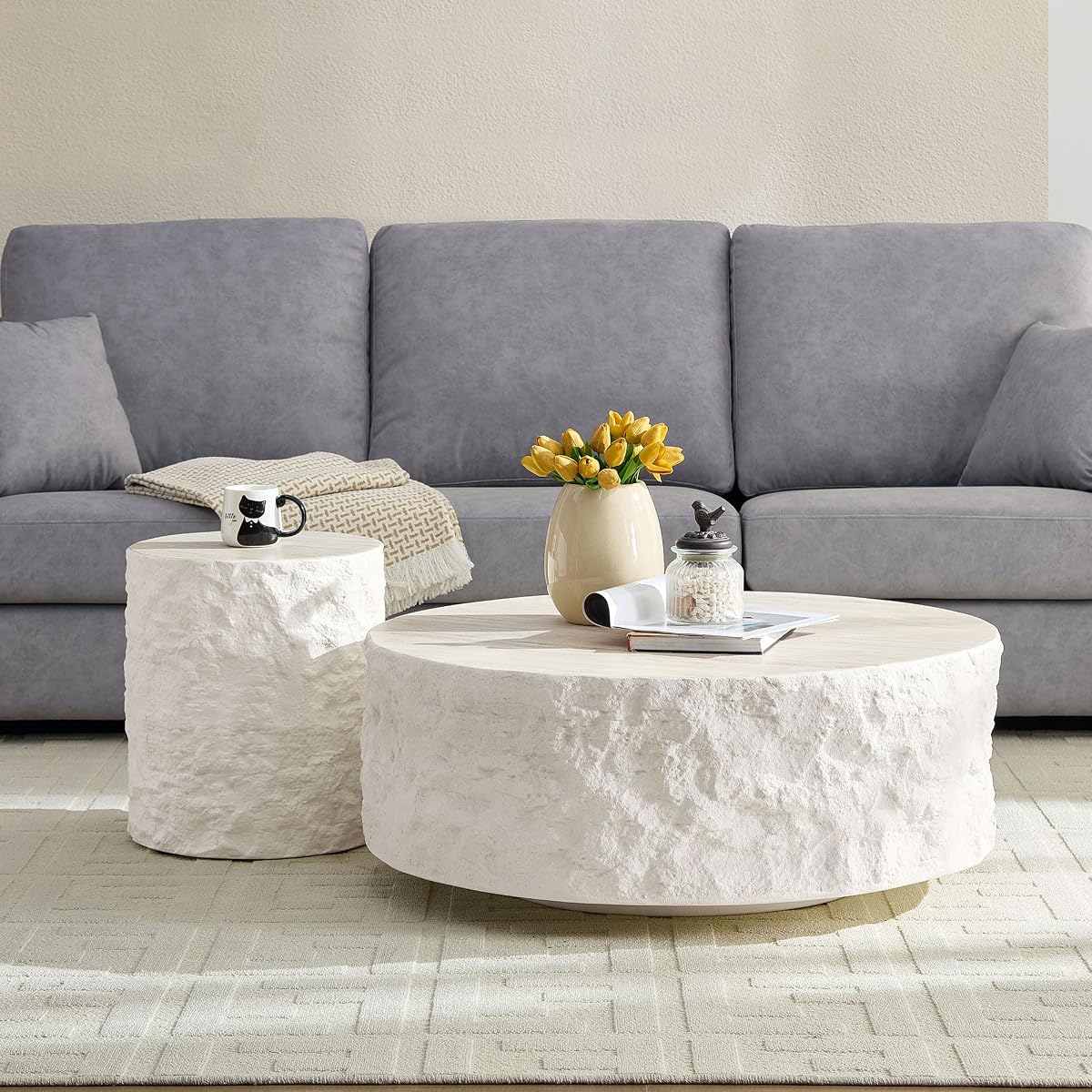 Fiberglass Round Coffee Table Set of Two, Living Room Vintage Design Faux Stone Coffee Table, Side Table Coffee Table Set for Office, Apartment, Living Room (15.75'‘+35.43’')
