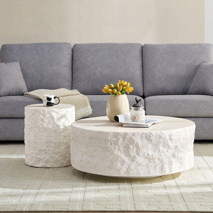 Fiberglass Round Coffee Table Set of Two, Living Room Vintage Design Faux Stone Coffee Table, Side Table Coffee Table Set for Office, Apartment, Living Room (15.75'‘+35.43’')