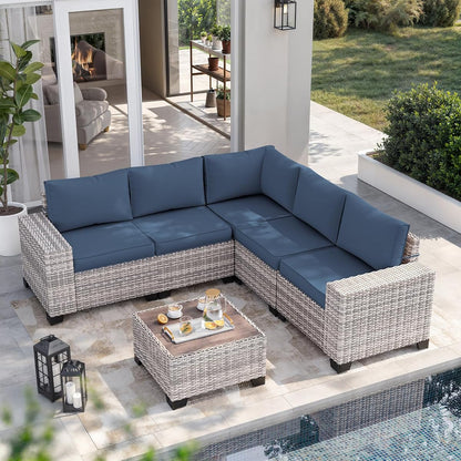 6-Piece Outdoor Patio Furniture Set Wicker Rattan Sectional Sofa Set, Patio Conversation Set with Thickened Cushions & Coffee Table for Garden, Backyard, Navy Blue