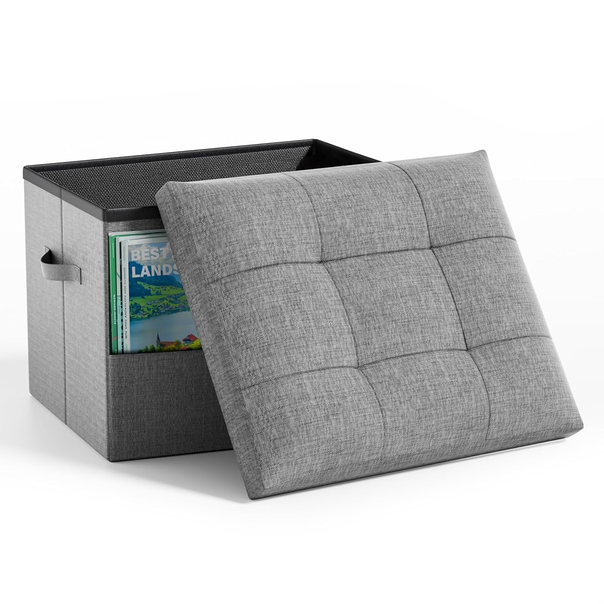 Storage Ottoman Foot Rest Stool, Holds Up to 350lbs, 43L, Foldable | Small Ottoman with Storage, Foot Rest Stool with Thicker Foam Padded Seat, 17x13x13in, Drak Gray