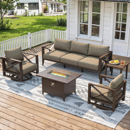 Aluminum Patio Furniture Set with Oversized Fire Pit Table, 7-Piece All-Weather Outdoor Conversation Set with Swivel Rocking Chairs, Oversized Modern Sofa for Backyard, Deck, Balcony-Brown