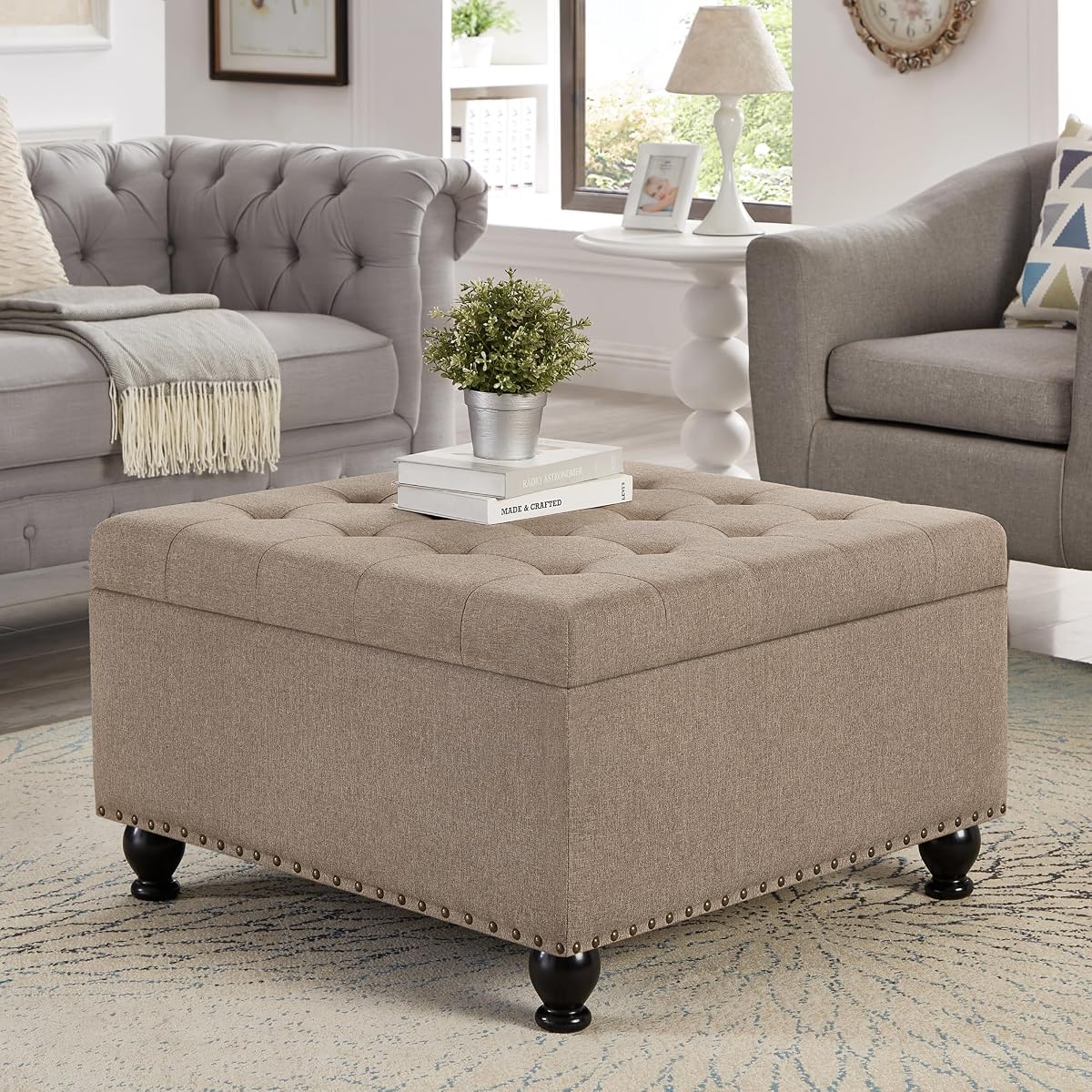 Oversized Square Ottoman Storage Bench for Living Room Bedroom Large Ottoman Coffee Table with Rubber Wood Legs, Linen Fabric Upholstered Foot Stool Foot Rest for Couch Sofa, Light Brown