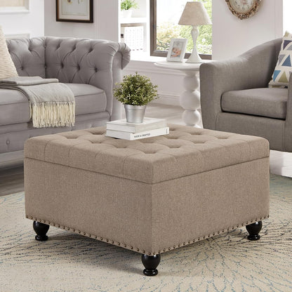 Oversized Square Ottoman Storage Bench for Living Room Bedroom Large Ottoman Coffee Table with Rubber Wood Legs, Linen Fabric Upholstered Foot Stool Foot Rest for Couch Sofa, Light Brown