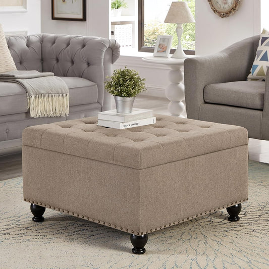 Oversized Square Ottoman Storage Bench for Living Room Bedroom Large Ottoman Coffee Table with Rubber Wood Legs, Linen Fabric Upholstered Foot Stool Foot Rest for Couch Sofa, Light Brown