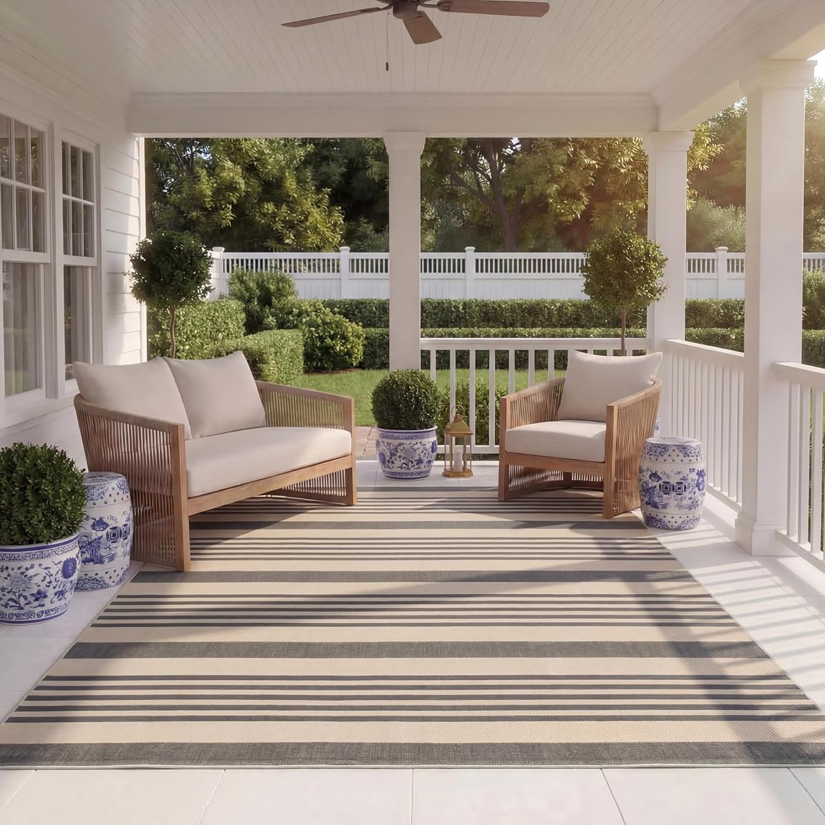 SAFAVIEH Courtyard Collection Area Rug - 8' x 11', Grey & Bone, Stripe Design, Non-Shedding & Easy Care, Indoor/Outdoor & Washable-Ideal for Patio, Backyard, Mudroom (CY6062-236)